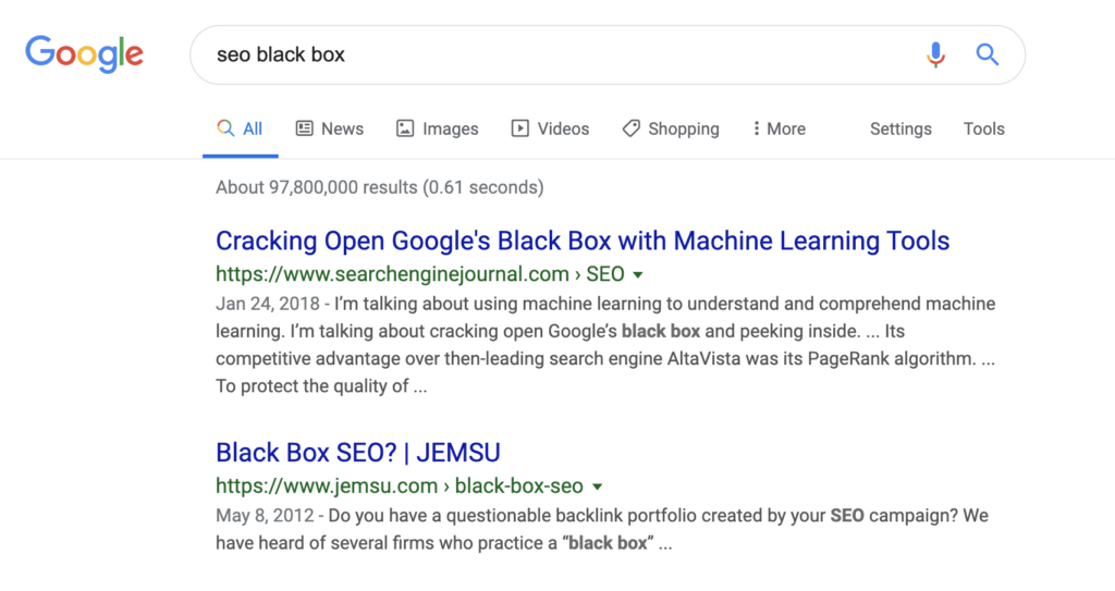 SEO black box search results