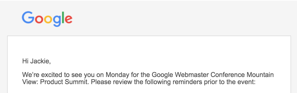 Acceptance email to the google webmaster conference mountain view product summit
